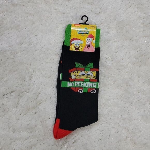 NICKELODEON MENS SPONGEBOB SQUAREPANTS "NO PEEKING" CHRISTMAS CREW SOCKS - NEW! - Picture 1 of 5